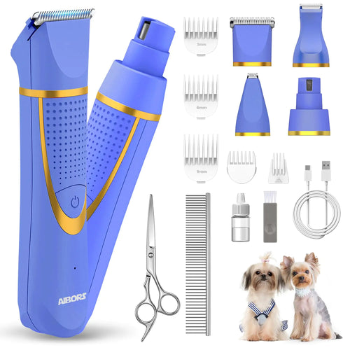 AIBORS Small Dog Grooming Kit 4 in 1 Electric Cordless Dog Paw Trimmer with Nail Grinder Low Noise Dog Nail Trimmers IPX7 Waterproof Small Dog Grooming Clippers for Paws Ears Face Hip Hairl
