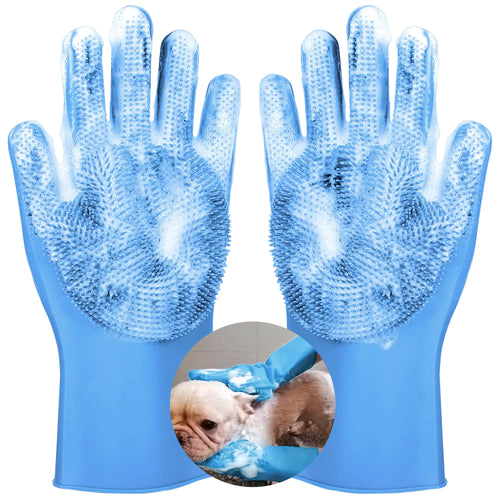 SUKETIL Pet grooming gloves Heat Resistant Dog washing gloves with High-Density Teeth Silicone Dog Shampoo brush with Enhanced Five Finger Design bathing and Massaging for Dogs and Cats (Blue)