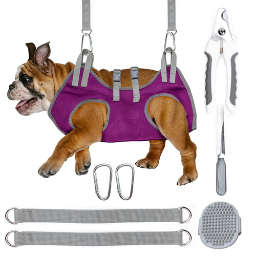 Ultivast Dog Grooming Hammock - Pet Grooming Hammock with Nail Clippers for Dogs Nail File and Dog Bath Brush - Dog Hammock for Grooming with Strong Center Straps for Extra Security (S Purple)