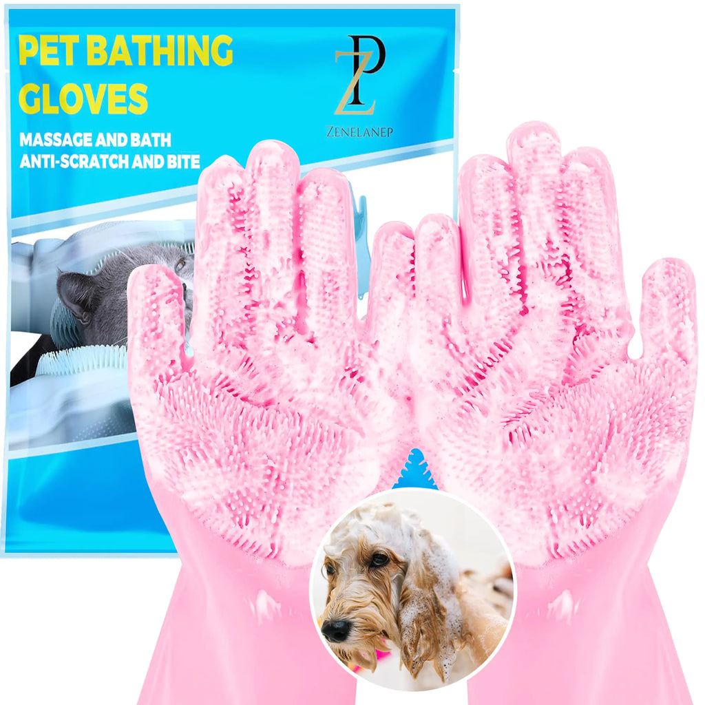 ZENELANEP Pet Grooming Gloves High-Density Silicone Gloves with Enhanced Five Finger Design for Bathing and Massaging Dogs and Cats (Pink)