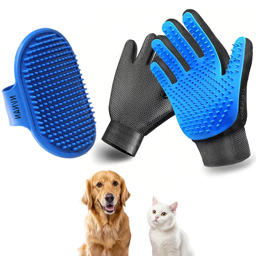 NVNAN pet grooming gloves-Massage Grooming Gloves Brush for Pet-Perfect For Dogs & Cats with Long & Short Fur (Gloves + Brush)